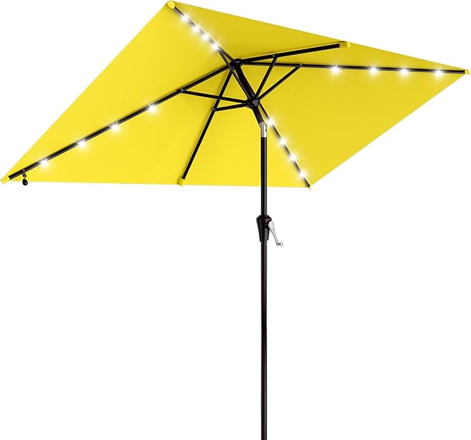 AreShark 6.5' x 10' Rectangular Patio Umbrella with Solar Lights, Solar Powered Lighted Market Umbrella w/Tilt and Crank, Outdoor Table Umbrella for Garden, Deck, Backyard, Pool and Beach, Yellow