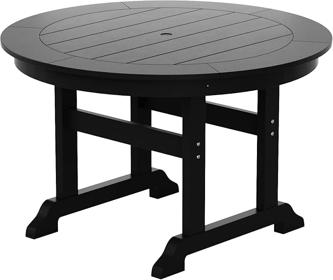 WestinTrends Malibu Patio Dining Table, All Weather Poly Lumber Adirondack 47" Trestle Round Outdoor Table with Umbrella Hole, Black
