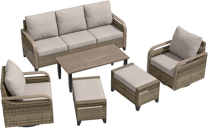 Modern Wicker Patio Furniture Set, Rattan Outdoor Conversation Set with Comfortable Cushions, 2 Swivel Rocking Chairs, 3 Seat Couch, 2 Ottomans and Coffee Table, 6 Pieces, Brown/Gray
