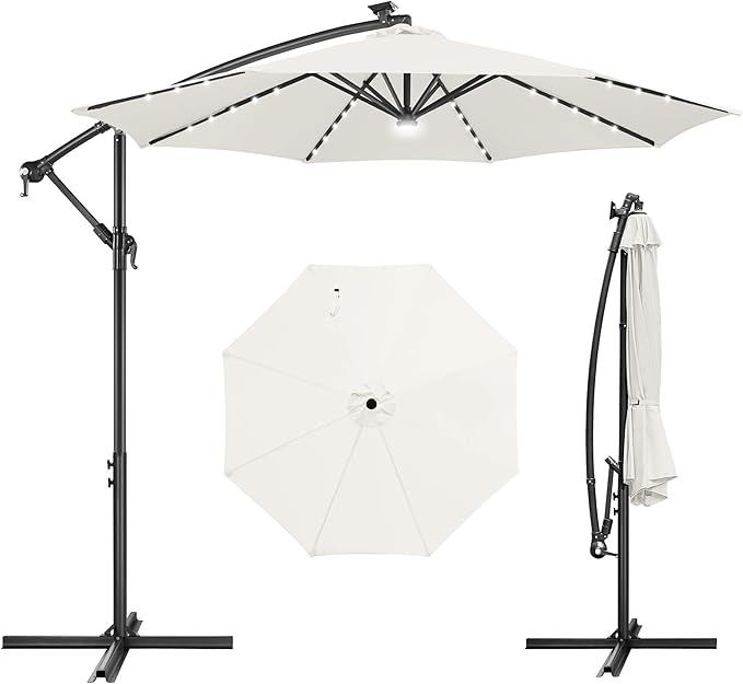 FLAME&SHADE 10ft Solar Cantilever Umbrella with 40 LED Lights, Lighted Large Offset Outdoor Patio Umbrellas, 8 Sturdy Ribs, UPF50+ UV Protection for Pool Deck Garden Yard, Ivory
