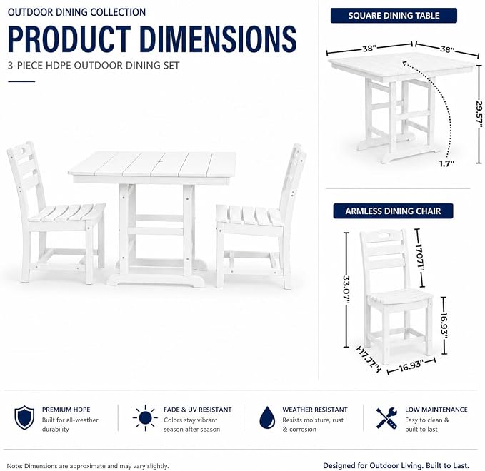 3-Pcs Outdoor Patio Dining Table Set of 3, Outdoor Patio Square 37.8'' Dining Table Set for Lawn Garden Backyard, HDPE Material & 1.7'' Umbrella Hole (Armless Chair, White)