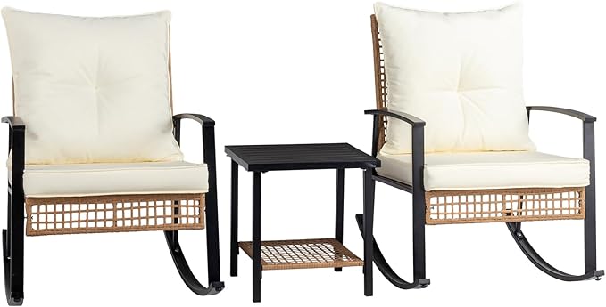 3 Pieces Patio Furniture Set, Outdoor Wicker Rocking Chairs with Cushions, Coffee Table, Rattan Bistro Rocker Set for Front Porch, Relaxing & Dining Conversation Set Light Yellow Rattan, White Cushion