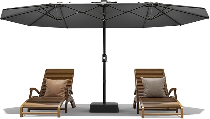 15FT Large Patio Umbrella with Base Included, Outdoor Double-Sided Rectangle Market Umbrella with Crank Handle for Pool, Lawn, Garden, Backyard, Grey