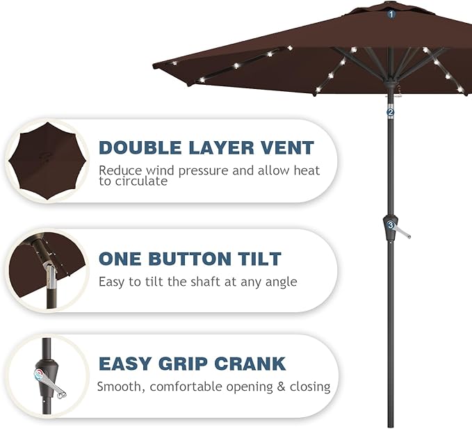 9FT Patio Umbrella with Solar Lights,Outdoor Market Umbrella with Tilt and Crank, LED Lighted Table Umbrella for Garden,Deck,Backyard,Pool,Beach (Brown)