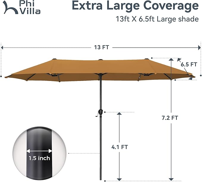 PHI VILLA 13ft Large Patio Umbrellas, Double-Sided Outdoor Market Rectangle Umbrella for Outside, Tawny