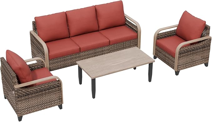 Modern Wicker Patio Furniture Set, Rattan Outdoor Conversation Set with Comfortable Cushions, 2 Patio Chairs, 3 Seat Couch and Coffee Table, 4 Pieces, Brown/Red