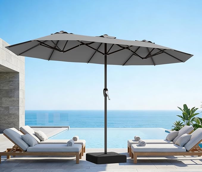 AreShark 15ft Patio Umbrella with Base, Double Sided Outdoor Umbrella with 12 Fiberglass Ribs, Large Outdoor Umbrella for Garden, Pool, Deck, Backyard & Market, Grey