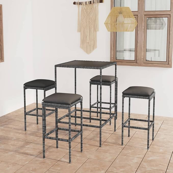 Patio Bar Set with Cushions,Garden Table and Chairs Sets,Garden Conversation Sets, Outdoor Patio Furniture,for Patio,Backyard,Garden,5 Piece Poly Rattan Gray