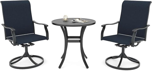 Anmutig Small Outdoor Patio Dining Set, 27.5 Inch Round Table with 2 Navy Blue Textilene Swivel Rocker Chairs - Retro Armrest Style1