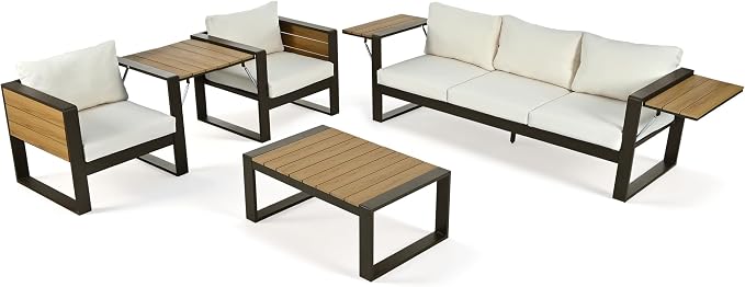 4-Piece Patio Conversation Set, Aluminum Frame Outdoor Patio Furniture Set w/ 3-Seater Sofa, 2 Armchairs with Fold-Out Side Tables, Coffee Table, All-Weather Sectional Sofa Set for Garden Backyard