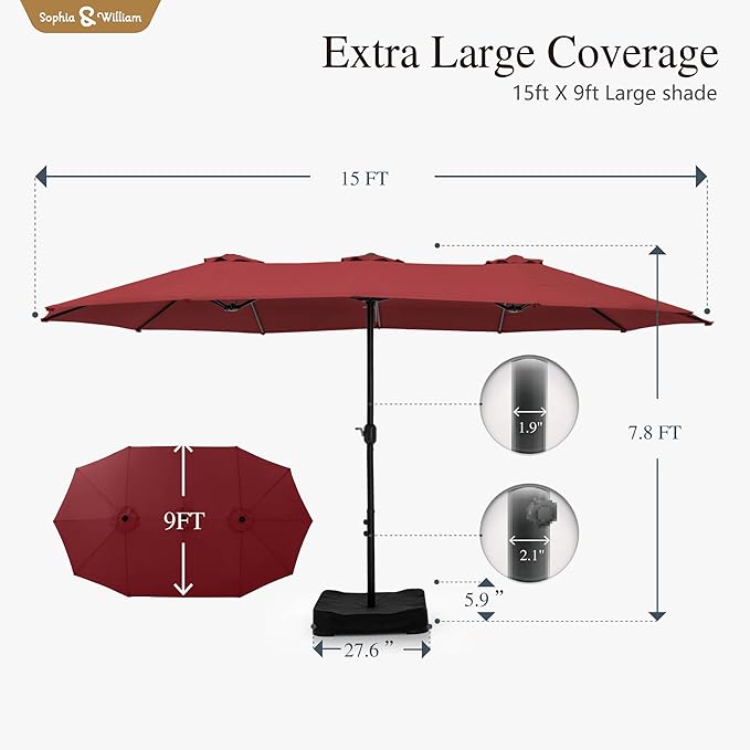 Sophia & William 15 ft Extra Large Patio Umbrella with Base Included, Rectangular Outdoor Umbrella Heavy Duty, Market Umbrella Double-sided Fade Resistant for Pool Garden Backyard, Burgundy
