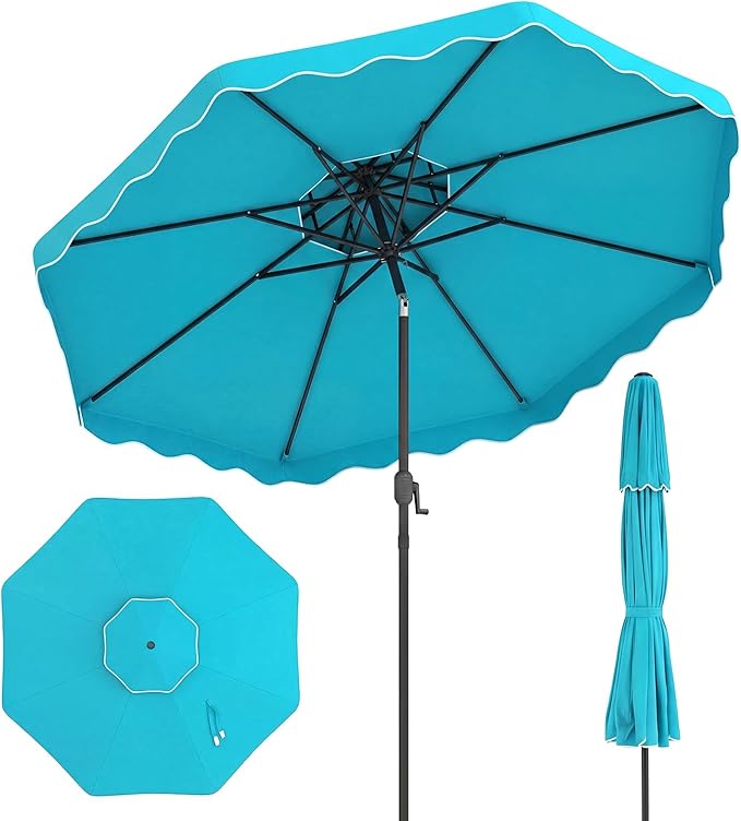 Happygrill 10 FT Patio Umbrella, Scalloped Outdoor Table Market Umbrella with Push Button Tilt & Crank, 2-Tier Vented Top, Heavy-Duty 8 Metal Ribs, Sun-Protective Canopy, Ruffle for Deck Pool Garden (Turquoise)
