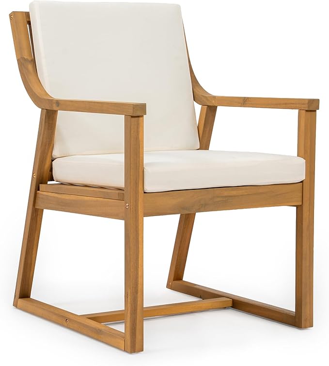 Merax 7 Pieces Outdoor Dining Set for 6 People, Acacia Wood Patio Furniture Sets with Round Table and Six Cushioned Chairs for Backyard, Garden, Lawn, Poolside, Tabletop with Umbrella Hole, Light Teak
