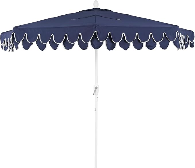 JONATHAN Y Terrace Scalloped 9 ft. Half Round Patio Umbrella with Crank Lift and Tilt, Coastal Semicircle Market Wall Umbrella for Balcony, Navy/White, White Pole UMB1202G