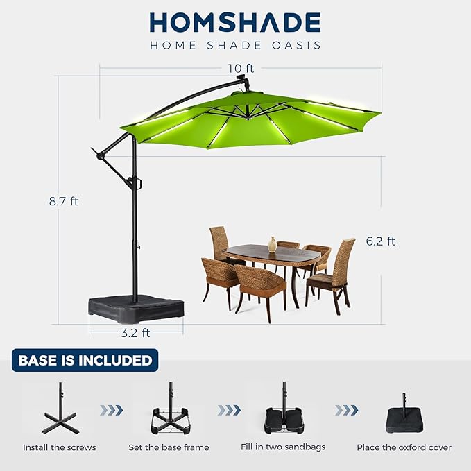 HOMSHADE 10ft Solar Lights Offset Cantilever Patio Umbrella - with Light and Base, LED Lighted Offset Hanging Patio Outdoor Market Umbrella UPF50+ UV Protection with Easy Tilt and Crank (Green)