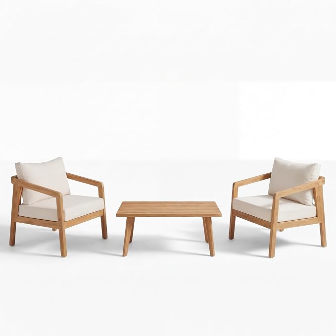 Christopher Knight Home Sures Acacia Wood Club Chair and Coffee Table Set, 3 Piece Patio Bistro Set, Solid Wood Outdoor Patio Furniture Set with Center Table, Natural+Beige