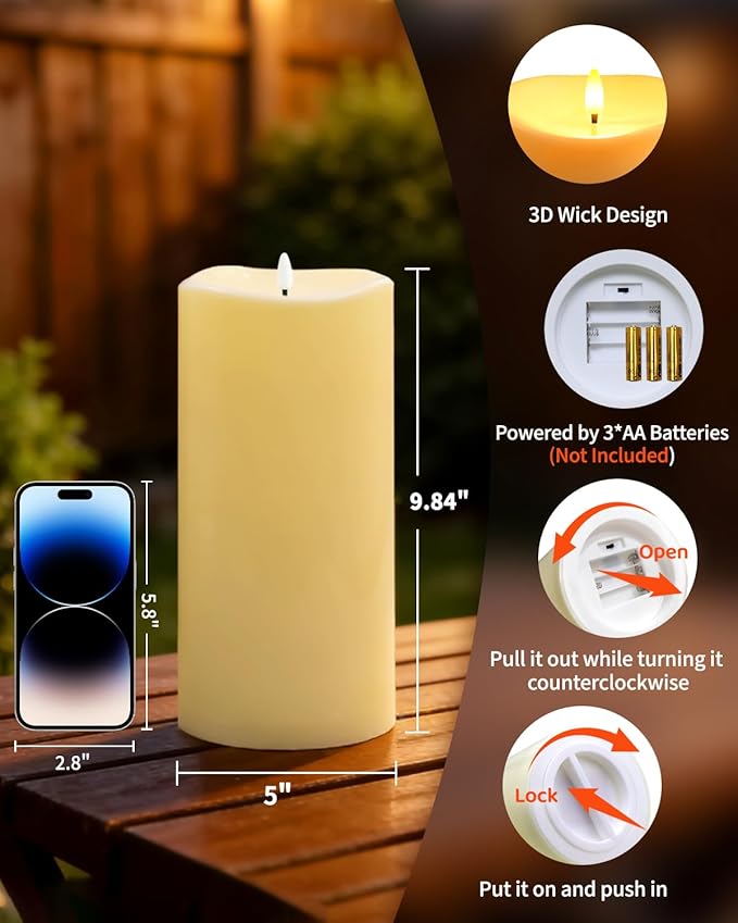 10" x 5" Large Outdoor Candles with Timer Waterproof Flickering LED Flameless Candle Battery Operated with Remote Fake Pillar Candle Realistic for Patio Porch Lantern (Ivory)