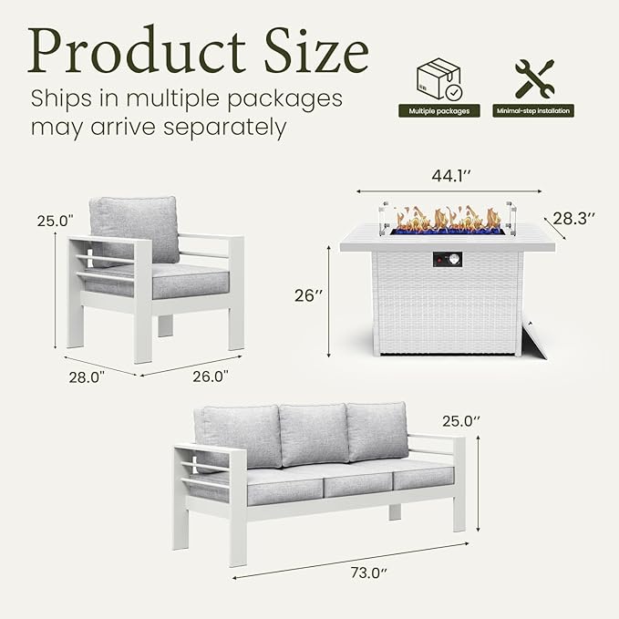 LayinSun Aluminum Furniture Set with Fire Pit Table, 4 Pieces Patio Sectional Conversation Chat Sofa Modern Seating Set