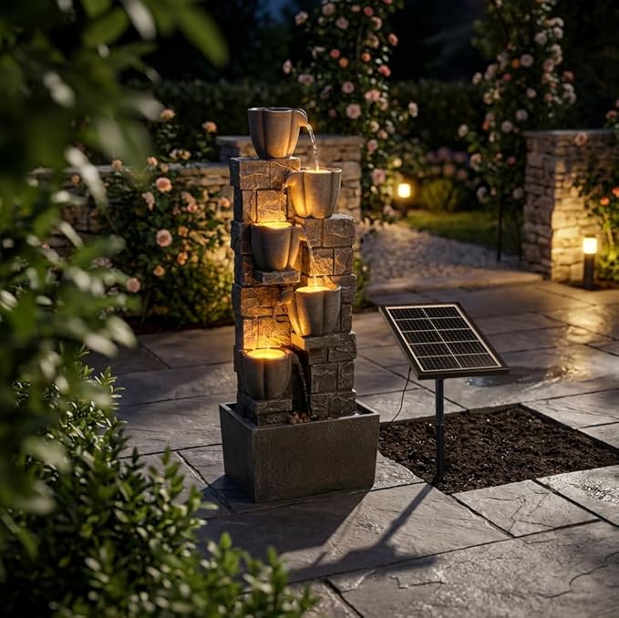 Solar Powered Water Fountain-36.2in.Tall Floor-Standing Outdoor Fountains with Tulip Design - Natural 4 Tiers Waterfall Water Feature for Outside Garden,Backyard,Lawn Decor,Grey