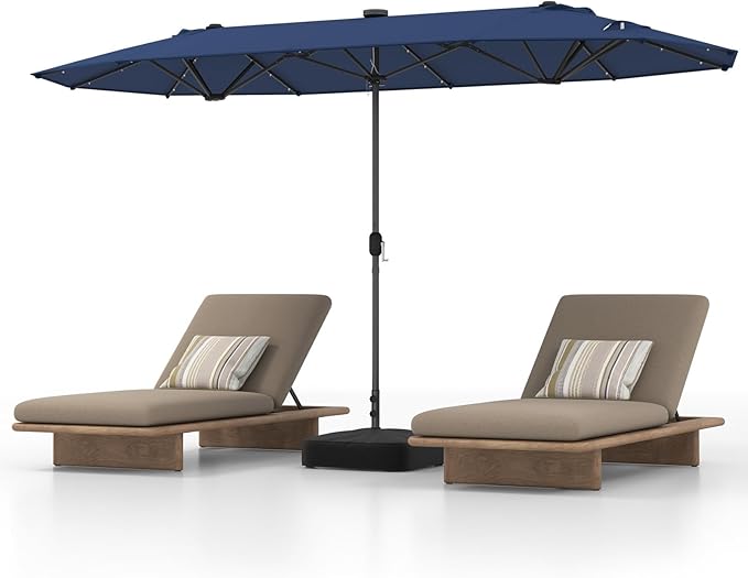 HAPPYGRILL Double-Sided Patio Umbrella with Solar Lights, 13FT Large Umbrella with Base Included, Crank Handle, Market Twin Table Umbrella for Outdoor Backyard Garden Poolside