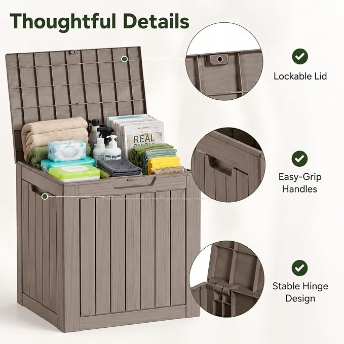 Outdoor Deck Patio Storage Box - 35 Gallon Small Outdoor Deck Box, Plastic Storage Bin with Lid, Outside Toy Box & Pool Storage Container for Cushions, Garden Tools, Towel, Lockable Chest, Brown