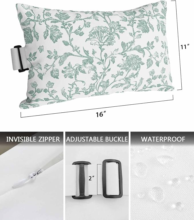 Pack of 4 Outdoor Lumbar Pillow Covers 11x16 Inch, Spring Flower Waterproof Throw Pillow Covers Set, Vintage Farmhouse Turquoise Boho Leaf Indoor&Outdoor Decorative Cushion Cases for Patio Porch Beach