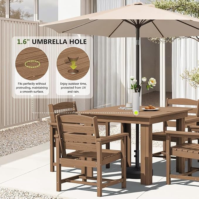 KINGYES 8-Piece HDPE Outdoor Dining Set for 6, Square Patio Table & Armchairs with Umbrella Hole, All-Weather Patio Dining Set for Backyard, Garden, Lawn & Poolside, Brown