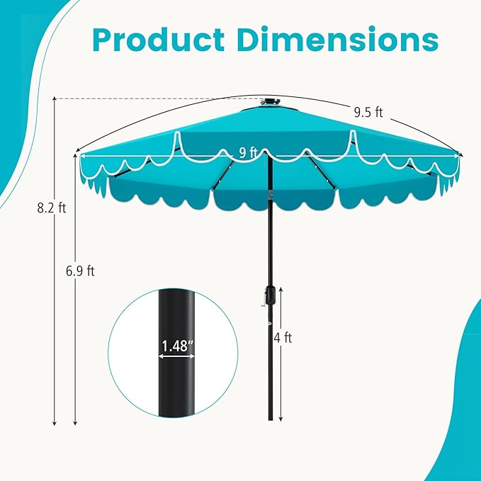 Tangkula 9 FT Solar Patio Umbrella, 2-Tiers Scalloped Outdoor Table Market Umbrella with 32 LED Lights, Vented Top, Tilt Adjustment, Crank, 8 Ribs for Backyard Poolside Deck Beach Lawn (Turquoise)