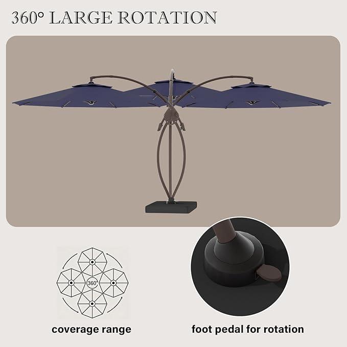 Cantilever Umbrella with Heavy-Duty Base, Outdoor Large Round Aluminum Offset Umbrella for Patio Garden Backyard, UV-Resistant Waterproof Canopy, 360° Rotation & Tilt Adjustment