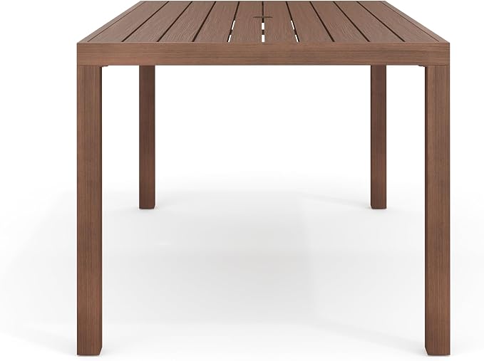 Martha Stewart Bedford 62" Indoor-Outdoor Aluminum Patio Table with Umbrella Hole and Brushed Woodgrain Finish in Brown