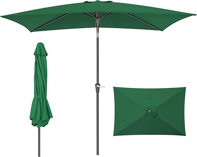 HASLE OUTFITTERS Rectangular Patio Umbrella, 6.5 x 10 ft Rectangle Table Umbrellas w/Heavy Duty Ribs, Effortless Crank and Push Button Tilt, Wind Resistant Sun Umbrella for Outdoor Patio, Dark Green