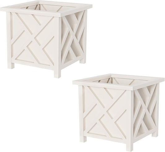 Lattice Design Outdoor Planter Box 2-Pack - 14.75” Square 13” Tall White Decorative Plant Pots for Front Porch Decor - Flower Pots Outdoor Planters for Porch Patio or Garden Decor by Pure Garden