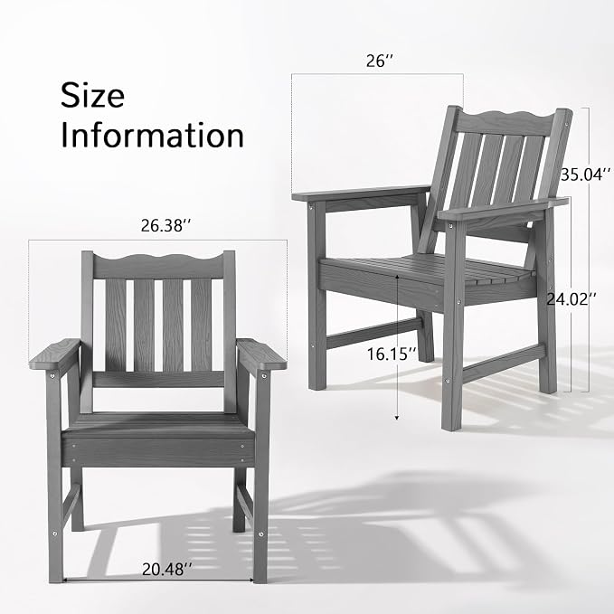 Stoog Outdoor Chairs Set of 2, All-Weather HIPS Patio Dining Chairs with Curved Backrest, 400 lbs Support Garden Chairs, Grey