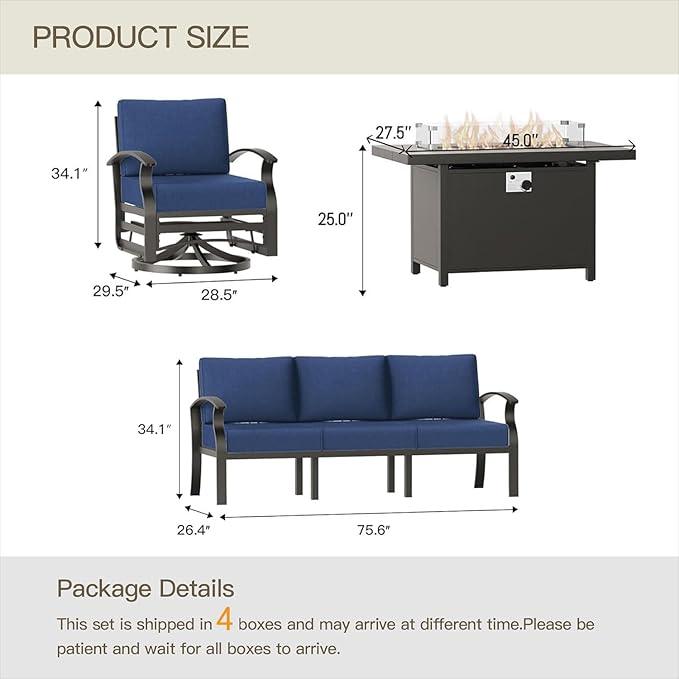 Aluminum Patio Furniture Set with 55,000 BTU Propane Fire Pit Table,5 Seats Metal Modern Outdoor Furniture w/5.1" Cushions,Patio Sectional w/Swivel Chairs for Backyard,Patio,Navy Blue