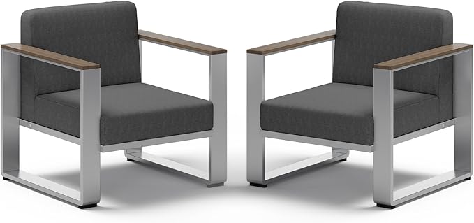 Aluminum Outdoor Patio Furniture, 2 Pieces Armchairs, All-Weather Metal Modern Outside Single Sofa for Deck, Porch (LightGray)