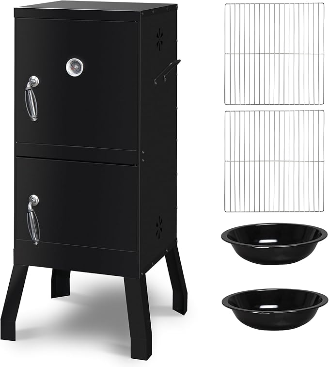 40" Vertical Steel Charcoal Smoker Grill,Heavy Duty BBQ Grills,Outdoor Camping Backyard Barbecue Grill,Metal Barbecue Smokers,with Thermometer,for Patio Garden Beach Porch Lawn Yard (Black)