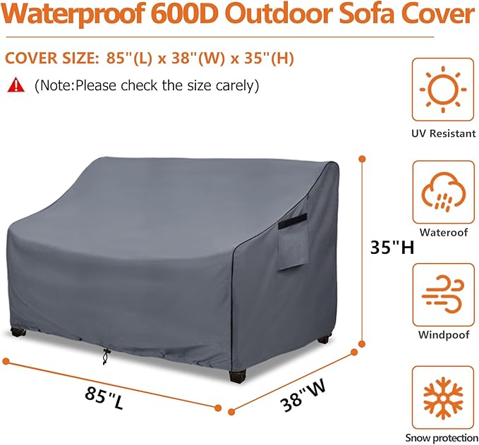 Outdoor 3-Seater Loveseat Cover,600D Heavy Duty 100% Waterproof Patio Sofa Cover,Furniture Covers for Sofa and Loveseat,85W x 38.5D x 35H Inches,Grey.