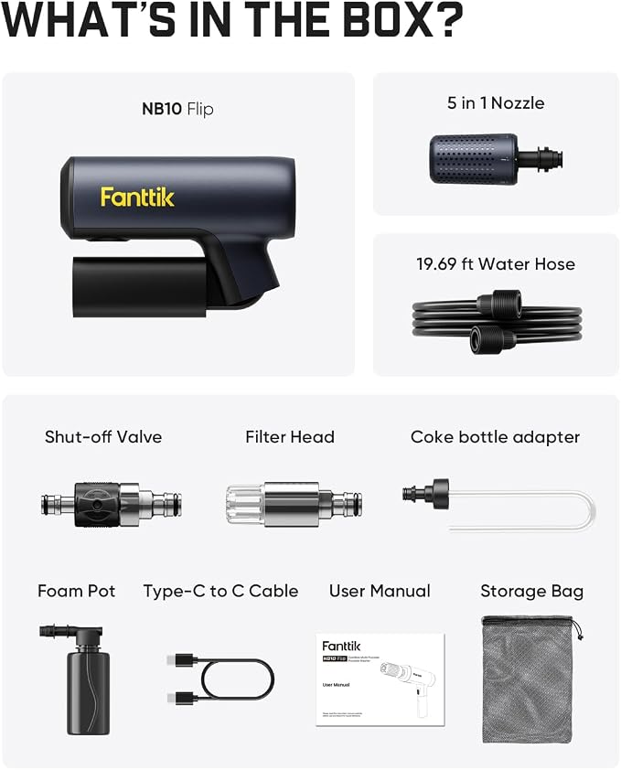 Fanttik NB10 Flip Foldable Washer Gun, Portable Cordless Washer Sprayer, Multi-Scenario Compatibility, 5-in-1 Nozzle, HD LED Display and Type-C Charging, for Light Washing Jobs