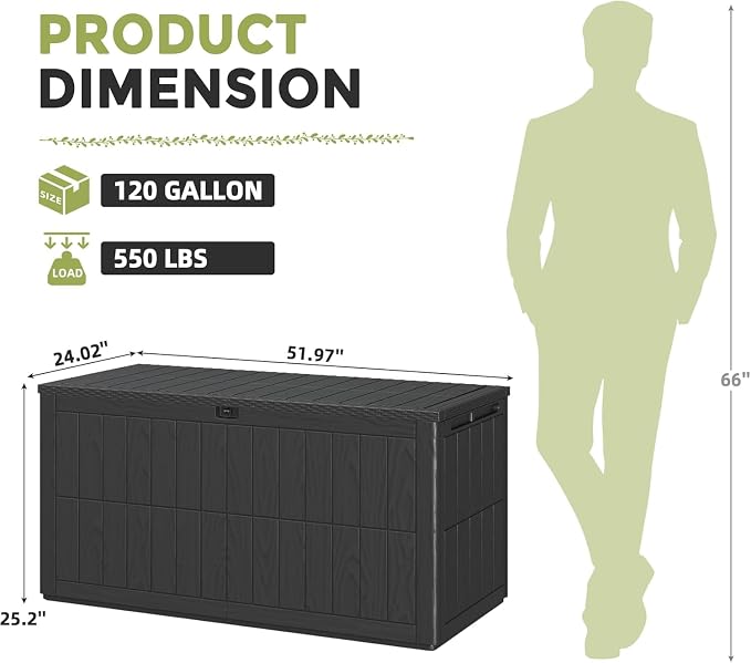 UDPATIO 120 Gallon Deck Box Outdoor Storage Box Lockable Waterproof Resin Indoor Outdoor Storage Container for Patio Cushions, Tools, Package Delivery Boxes for outside