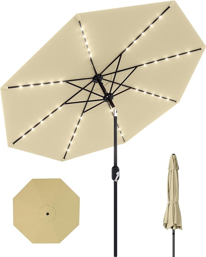 GarveeLife 10 ft Patio Umbrella with Solar Lights, 8 Ribs Outdoor Market Table Umbrella with 40 LED Lights & Tilt Crank for Pool, Deck, Backyard (Beige)