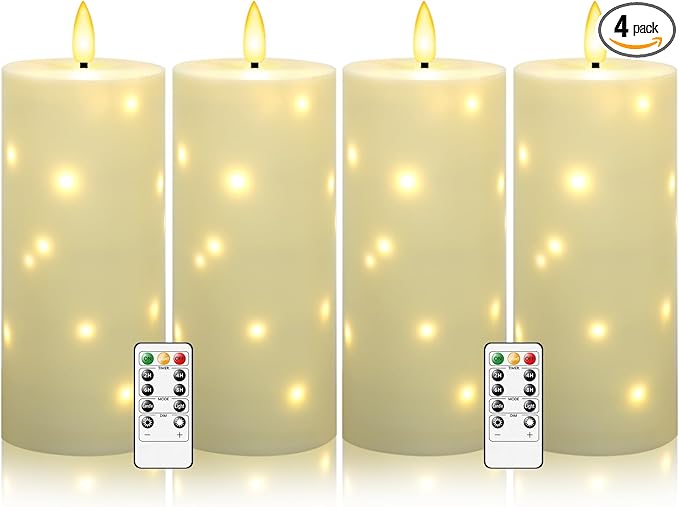 kakoya 10" x 4" Large Outdoor Waterproof Flickering Flameless Candles with Timer,4Pcs Battery Operated LED Pillar Candles with Embedded Star String for Outdoor Lanterns,Porch,Patio Decor(Ivory)