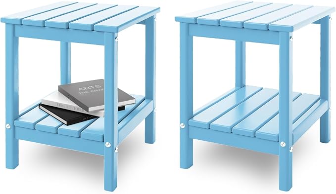 IVY&LANE Adirondack Outdoor Side Tables Set of 2 | HDPE Plastic | Patio End Table with Storage | 2-Shelf | Weather Resistant | Arctic | 14 x 13 Inches | for Outside Porch Backyard Indoor