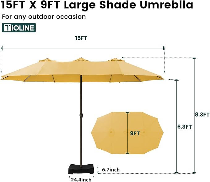 15FT Large Patio Umbrellas with Base Included, Outdoor Double-Sided Rectangle Big Market Umbrella with Stand, Outside Umbrellas for Poolside Lawn Backyard,Yellow