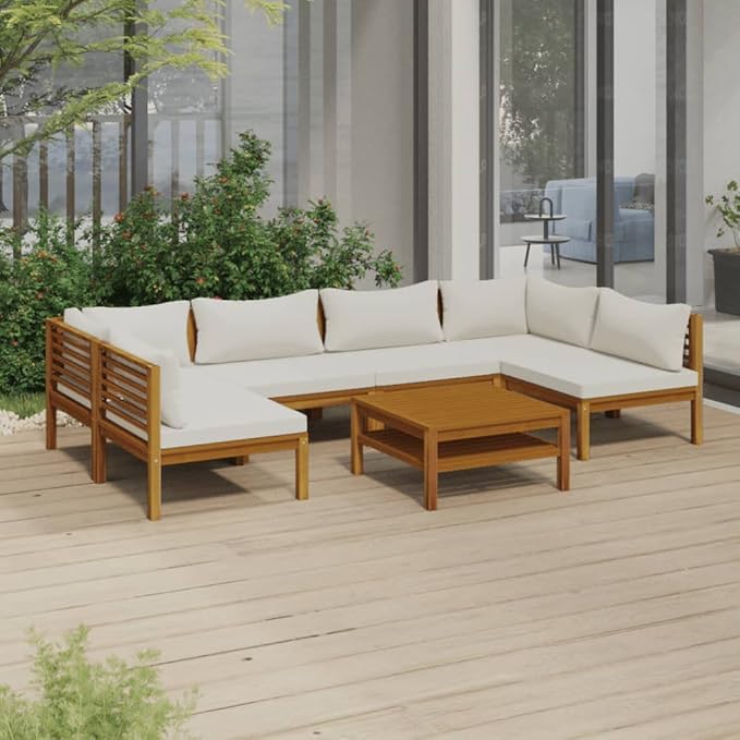 7 Piece Patio Lounge Set,Outdoor Garden Conversation Set,Patio Outdoor Set Suitable Suitable for Patio,Deck,Balcony,Garden with Cream Cushion Solid Acacia Wood