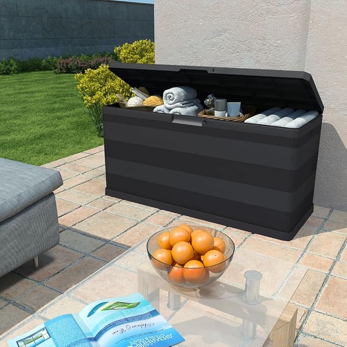 Deck Box Large Outdoor Storage for Patio Furniture, Garden Tools, Pool Supplies, PP Outdoor Backyard Patio Storage Deck Box Container, Black 46.1"x17.7"x22" -AA