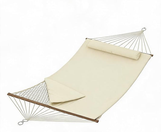 Garvee Double Quilted Fabric Hammock with Hardwood Spreader Bars and Pillow 450 LBS Capacity 2 Person Large Hammock for Outdoor Patio, Backyard, Poolside(Beige