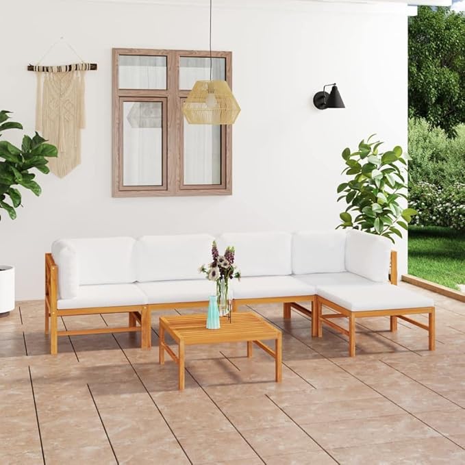 Patio Lounge Set with with Cream Cushions,Patio Furniture Sets,Patio Conversation Sets,Outdoor Furniture Sets,for Garden,Backyard,Outdoor,6 Piece Solid Teak Wood