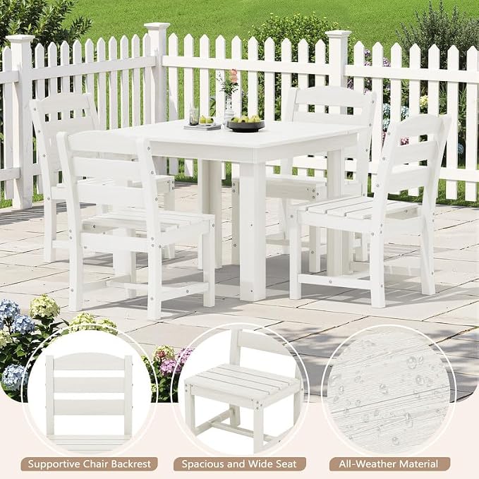 KINGYES 5-Piece HDPE Outdoor Dining Set for 4, Square Patio Table & Armless Chairs with Umbrella Hole, All-Weather Patio Dining Set for Backyard, Garden, Lawn & Poolside, White