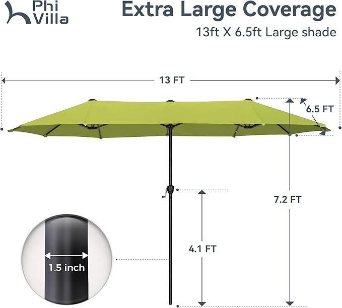 PHI VILLA 13ft Large Patio Umbrellas, Double-Sided Outdoor Market Rectangle Umbrella for Outside, Lime Green