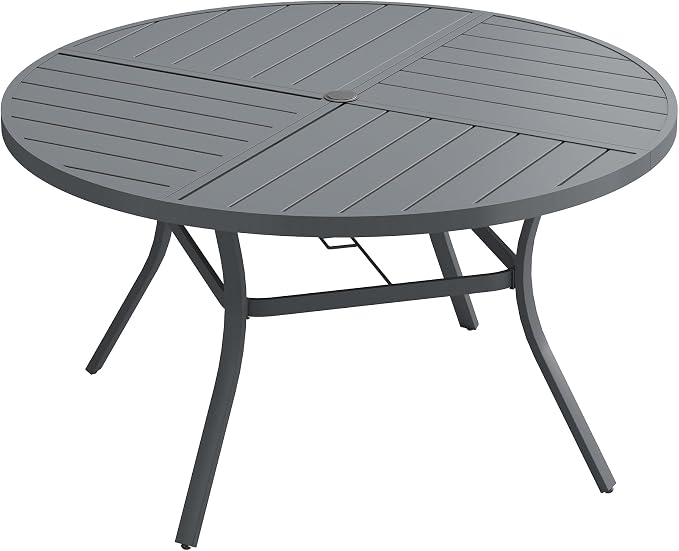 Patio Dining Table for 6-8, Round Metal Outdoor Table with Storage Shelf, 1.57" Umbrella Hole, 53" Outdoor Quartered Tabletop Dining Table for Backyard, Porch, Lawn, Dark Grey